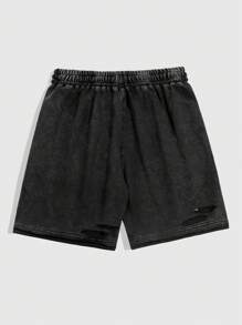 ROMWE MEN Street Life Men Grunge Basic Washed Distressed Casual Shorts - Black - View 2