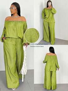 Maweii Plus Size Solid Color Off Shoulder Lantern Sleeve Top And Pants 2 Pieces Set Fall Cloth For Women - Lime Green - View 2