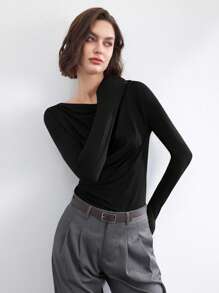 BizChic 2025 夏季新款不对称镂空不对称肩部褶皱长袖女衬衫，适合商务、休闲、日常、海滩、婚礼嘉宾、音乐节、早午餐、机场等场合 - 黑色 - 查看 6