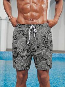 Manfinity Shorts de playa con cordón para hombre con estampado de paisley