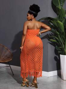 Slaydiva 2025 Novos feriados férias casual minimalista vazado sem mangas macacão - bainha franjada vestido longo de malha versão A - Laranja - Ver 2