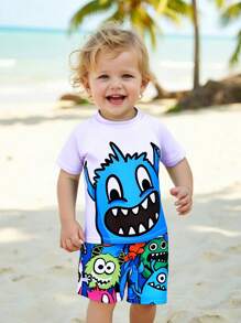 SHEIN 2pcs/Set Baby Boy/Girl Casual Cartoon Monster Print Crew Neck Short Sleeve Top And Elastic Waist Shorts Set, Suitable For Spring/Summer Vacation, Beach, Swim - White - View 1