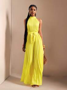 Zivah 2025Mùa xuân và mùa hè phong cách mới thường ngày kỳ nghỉ nhỏ không tay cổ đứng xếp ly quần ống rộng siêu dài thắt lưng nơ màu vàng bộ đồ liền thân cho nữ-M, thích hợp cho lễ hội âm nhạc, lễ Phục sinh, đám cưới, phong cách Boho, phong cách phương Tây, sinh nhật, lễ tốt nghiệp, sinh viên, trang phục thường ngày, phù hợp với mọi phong cách, giải trí, du lịch du ngoạn, bãi biển, tắm nắng, vải có họa tiết - Màu vàng - Xem 6