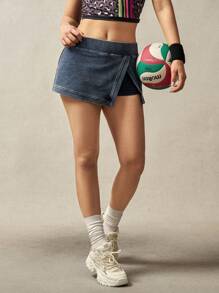 VARSITIE Casual Washed Slit Low Waist Sports Skirt Shorts