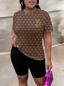 Slaydiva 2pcs/Set Plus Size Floral Cartoon Bear & Geometric Print Summer Outfit - Multicolor - View 1