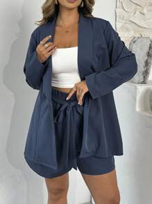 SHEIN LUNE 女士大码纯色翻领单排扣优雅简约西装套装，适合春夏休闲装 - 藍色 - 查看 1