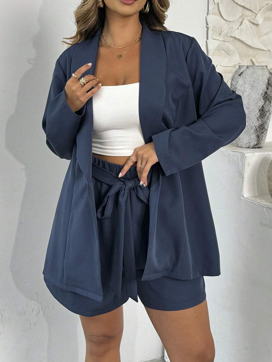 SHEIN LUNE 女士大码纯色翻领单排扣优雅简约西装套装，适合春夏休闲装 - 藍色 - 查看 1