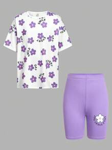 SHEIN Tween-Mädchen Set mit kurzärmligem Rundhals-Oberteil mit Blumenmuster und einfarbigen Shorts für Ostern