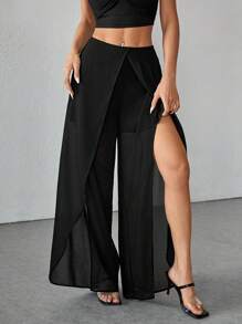 SHEIN PETITE 女士纯色雪纺宽腿宽松阔腿裤