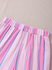 2pcs/Set Teen Girls Casual Floral Print White T-Shirt And Rainbow Stripe Pants Set - White - View 5