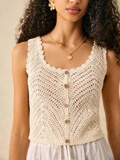 Buttoned Front Open Knit Top,Knitted Sweater