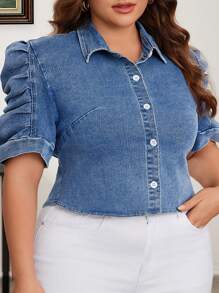 Áo khoác denim đơn hàng ngày tay bồng ngắn cỡ lớn dành cho nữ - Màu xanh lam - Xem 6