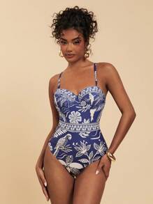 Travachic Women's Swimwear Set Including Spaghetti Strap Underwire Adjustable Strap Floral Print One-Piece Swimwear & Cover-Up Skirt, Fitted Casual Style, Summer Beach Vacation,Backless,Beachwear High Waisted,Beach Outfits For Woman,Sexy,Summer Outfits For Women, For Beach Vacation For Summer Beach Vacation,Boho,Vacation,LINEN,Crochet - Blue - View 2