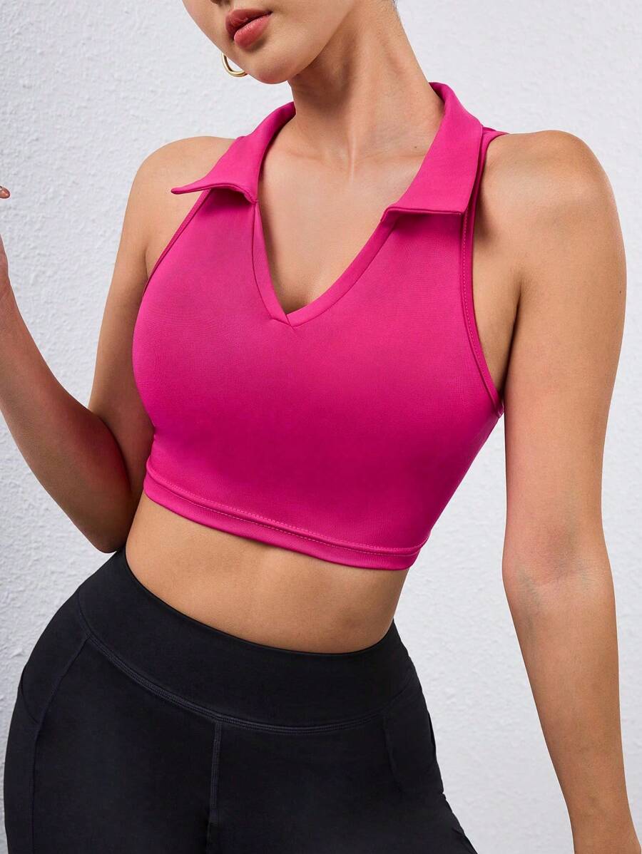 SHEIN Sovereign Charm Top corto de mujer con cuello en V ajustado de unicolor para actividades - Rosa Fucsia - Ver 1