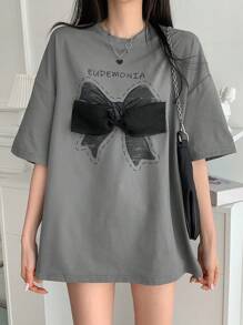 DAZY 女式圆领短袖 T 恤，带蝴蝶结装饰，可爱上衣，图案 T 恤 - 灰色 - 查看 2