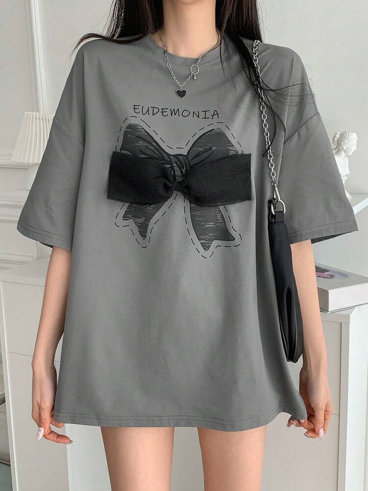 Women's Round Neck Short Sleeve T-Shirt With Bow Decoration Cute Tops,Graphic Tees