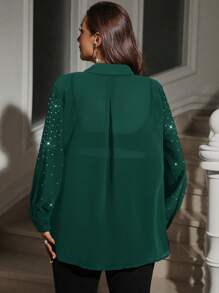 SHEIN Clasi Plus Size Women's Rhinestone Embellished Long Sleeve Loose Button Down Shirt - Dark Green - View 2