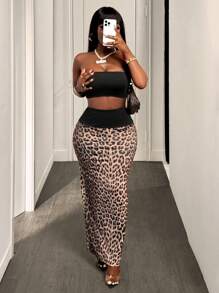 BamGleam 女式性感豹纹拼布短款上衣和半身裙两件套