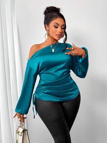 SOLERSUN Women's Solid Color Asymmetric Collar Lantern Sleeve Elegant Side Drawstring Shirt, Spring & Summer One Shoulder Top - Teal Blue - View 4