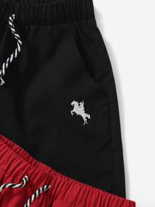 SHEIN 2pcs Tween Boys' Casual Equestrian Printed Drawstring Shorts (2 Colors, 1pc Each), School, Campus, College - Red - View 3