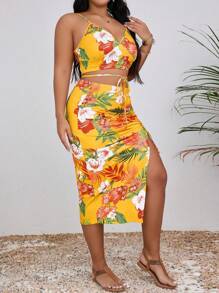 Breezaya Plus Size Tropical Print Camisole And Drawstring Waist Slit Hem Skirt 2 Pieces Set, Casual Holiday Style