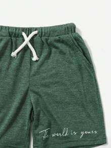 SHEIN Young Boy Slogan Sleeve Tee & Drawstring Track Shorts - Dark Green - View 4