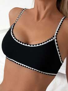 SHEIN Swim 2 件套黑白撞色贝壳边可调节肩带度假女士比基尼套装，2026 年春夏 - 黑色 - 查看 4