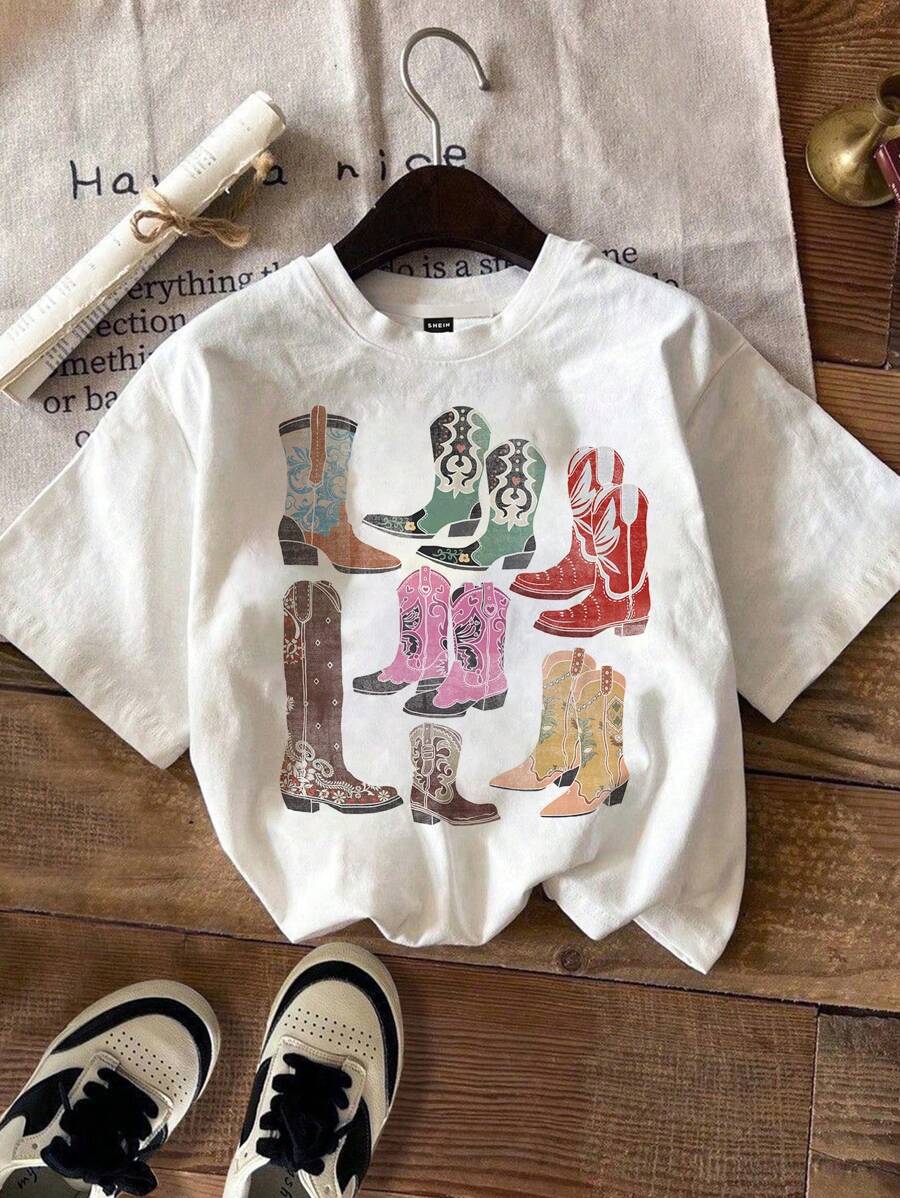 SHEIN PETITE 复古靴子西部靴休闲圆领短袖女士T恤适合夏季 - 白色 - 查看 1