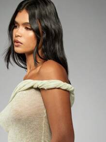 MISSGUIDED Twist Front Off-Shoulder Knit Top Bardot Style Crop Length Summer Casual Evening Party Date Night Sweetheart Neckline Ribbed Texture - Mint Green - View 3