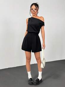 SHEIN EZwear 肩部镂空不对称连体短款连体衣 - 黑色 - 查看 6