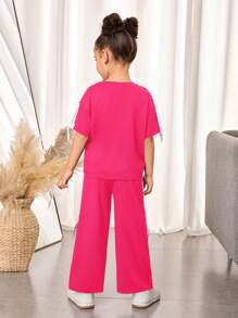 Conjunto de 2 piezas de camiseta suelta de punto de cuello redondo de unicolor y pantalones de pierna ancha para niña joven - Rosa Fucsia - Ver 3
