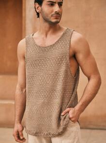 Manfinity VCAY Áo ba lỗ lưới trơn không tay dệt kim khoét lỗ đơn sắc cho nam mùa hè, kỳ nghỉ - Màu Khaki - Xem 5