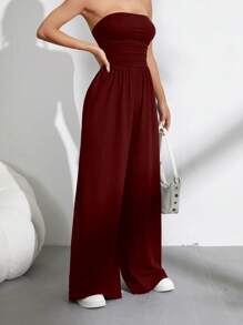 SHEIN Unity Women's Solid Color Casual Gathered Bandeau Wide Leg Jumpsuit - Burgundy - View 6