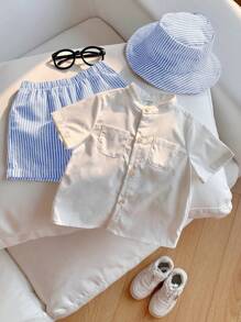 SHEIN Conjunto de 3 piezas de ropa de verano para niño/niña bebé: Sombrero de pescador a rayas, camisa blanca de botones, pantalones cortos a rayas casuales - Adecuado para interior, exterior, vacaciones