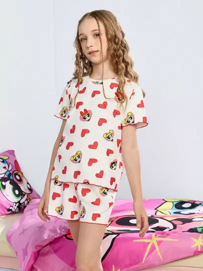 THE POWERPUFF GIRLS X SHEIN 青少年女孩卡通可爱甜心和花朵、泡泡、毛茛印花 T 恤和短裤家居服 2 件套适合春夏季