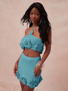 NYA SZN Knit Floral Detail Mini Skirt Summer - Blue - View 5