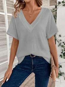 SHEIN LUNE Camiseta de manga corta de mujer de unicolor con escote en V, de estilo simple y apto para el verano