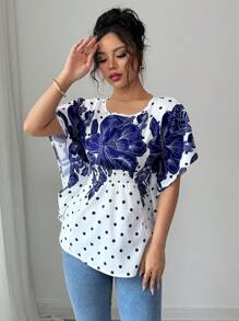 SHEIN Unity Women Floral Print Batwing Sleeve Casual Short Sleeve Shirt - Blue - View 5