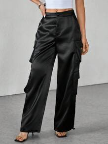 SHEIN PETITE Streetwear Spring Festival Clothing Satin Work Pants Women Trousers With 3D Pockets