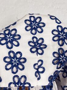 SHEIN VCAY Plus Size White Base Blue Floral Embroidered Bishop Sleeve Square Collar Blouse Cute Summer Tops Embroidery Summer For Women Spring Easter Women Festival Rave Elegant Vacation Woman Casual Boho Graduation Brunch For Women Wedding Guest Women Bohemia Concert Women Country Concert Beach Vacation - Multicolor - View 7