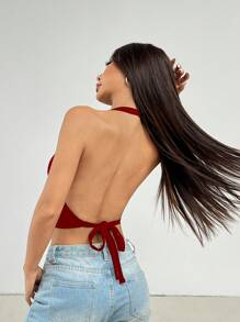SHEIN PETITE Ladies Solid Color Sleeveless Backless Neck-Hanging Summer Top ,Petite Women - Burgundy - View 3
