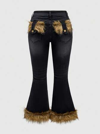 Grunge Punk Jeans évasés à ourlet en fourrure de grande taille avec patchwork, style vintage Diva Y2K