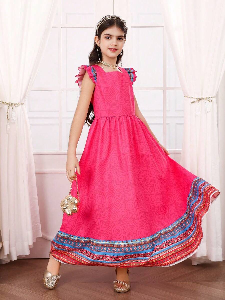 Tween Girl Floral Retro Print Loose A-Line Dress With Ruffled Short Cap Sleeves, Pink