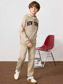 SHEIN Leap Crew Tween Boy Letter Graphic Zip Up Thermal Lined Hoodie & Sweatpants Without Tee - Apricot - View 8