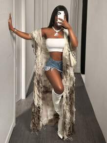 BamGleam Fringe Texture Exaggerated Fashion Coat - Khaki - View 1