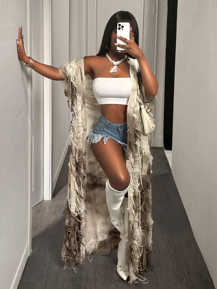 BamGleam Fringe Texture Exaggerated Fashion Coat - Khaki - View 1