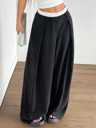 SHEIN EZwear بنطلون نسائي أحادي اللون بتصميم بسيط وعصري، مناسب للصيف