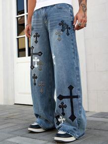 ROMWE MEN Goth Men's Gothic Cross Simple Fashion Jeans Suitable For Summer