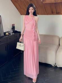 Modelyn Vestido de fiesta elegante para mujer con un hombro, pliegues, adorno de flor 3D y volantes