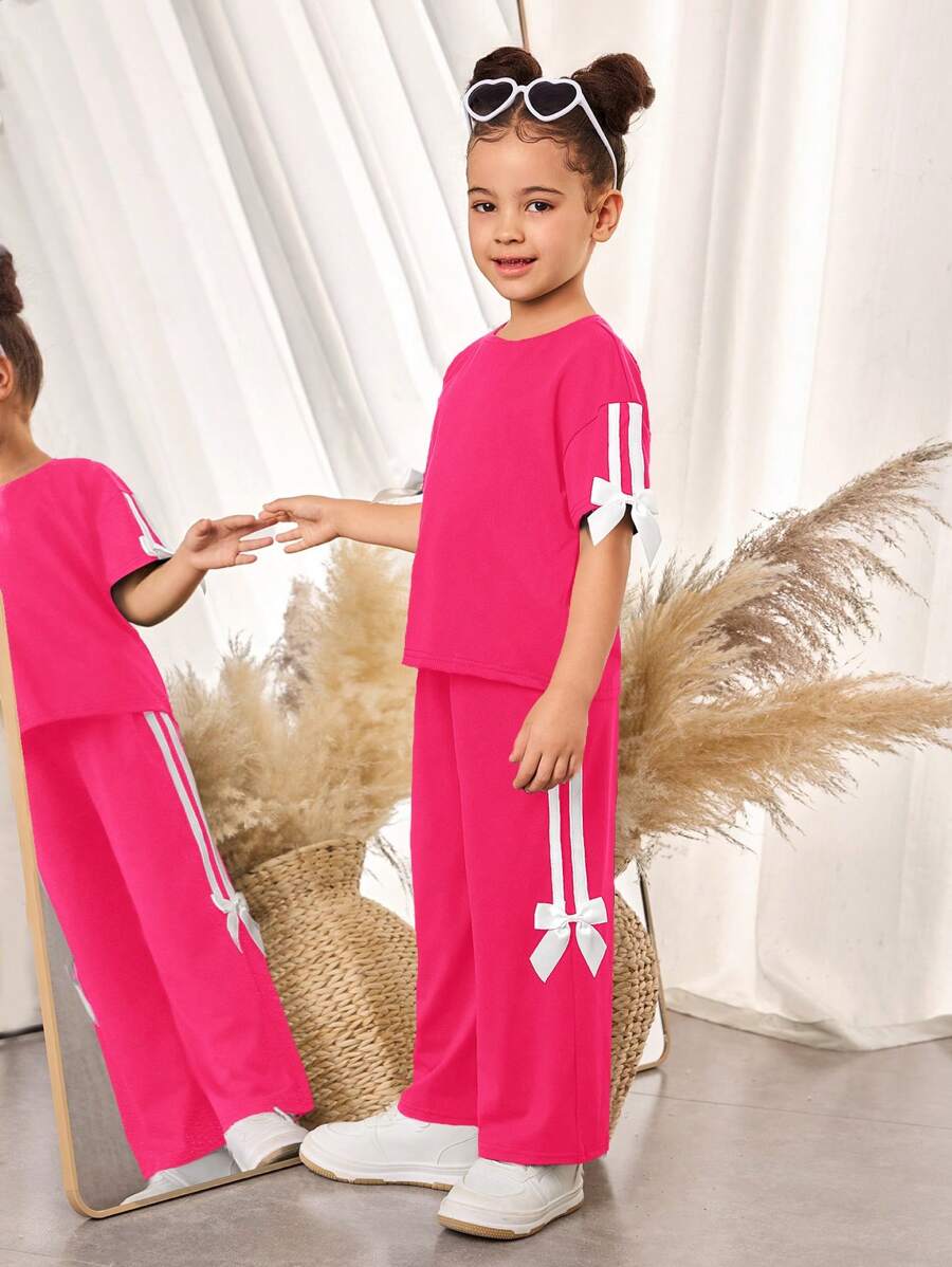 Conjunto de 2 piezas de camiseta suelta de punto de cuello redondo de unicolor y pantalones de pierna ancha para niña joven - Rosa Fucsia - Ver 1